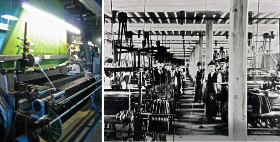 Looms at the mill of Stephen Walters & Sons Ltd, Spitalfield. Now, and then.